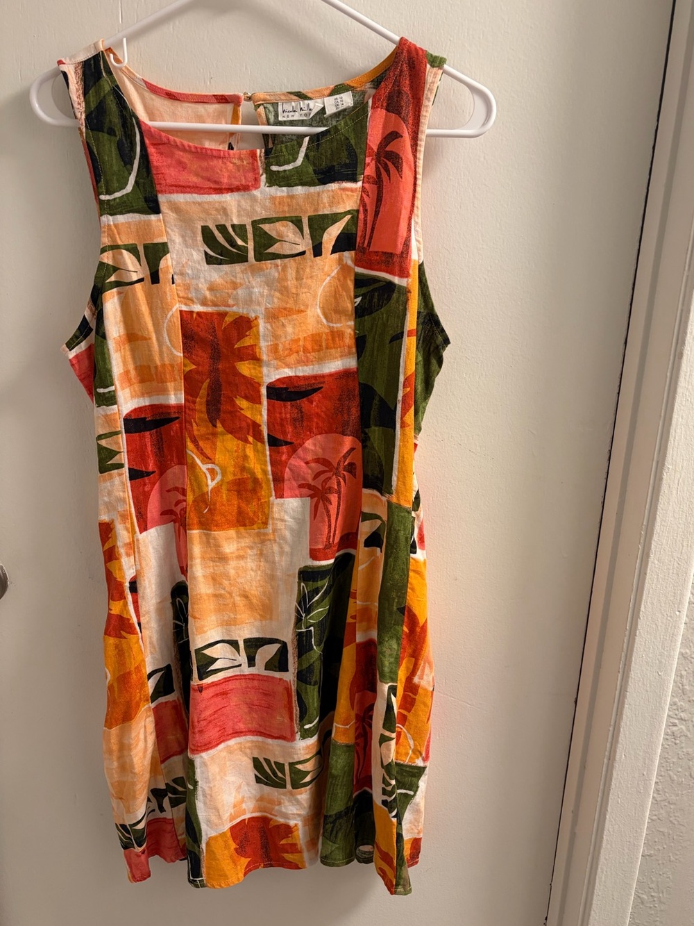 Nicole Miller Vintage Linen Tropical Patchwork Shift Dress Mini Vacation Resort